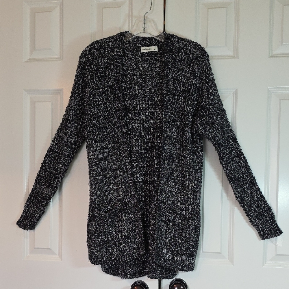 Abercrombie Kids Girls Large Black White Marled Knit Open Front Cardigan Sweater